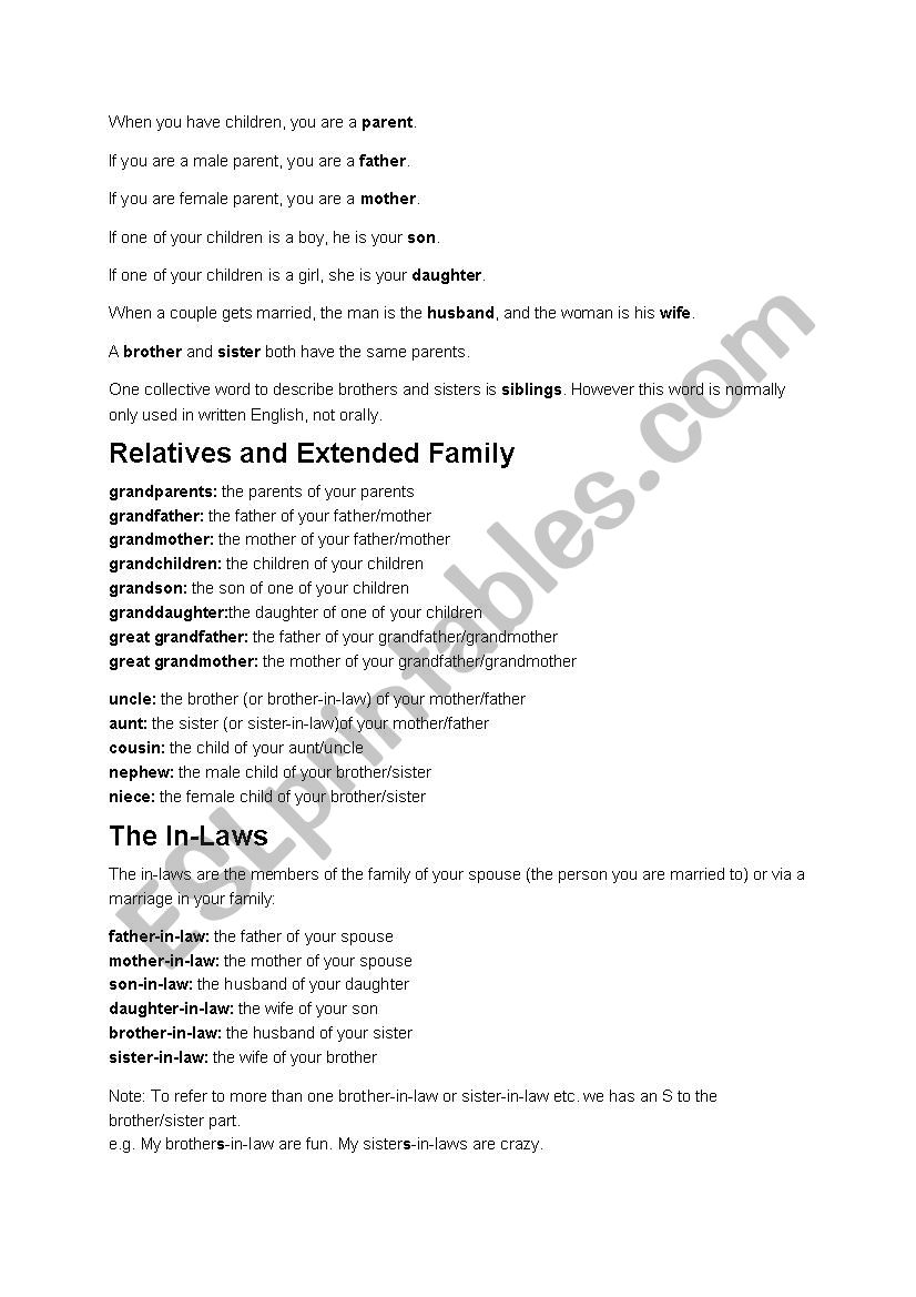 Family Vocabulary worksheet