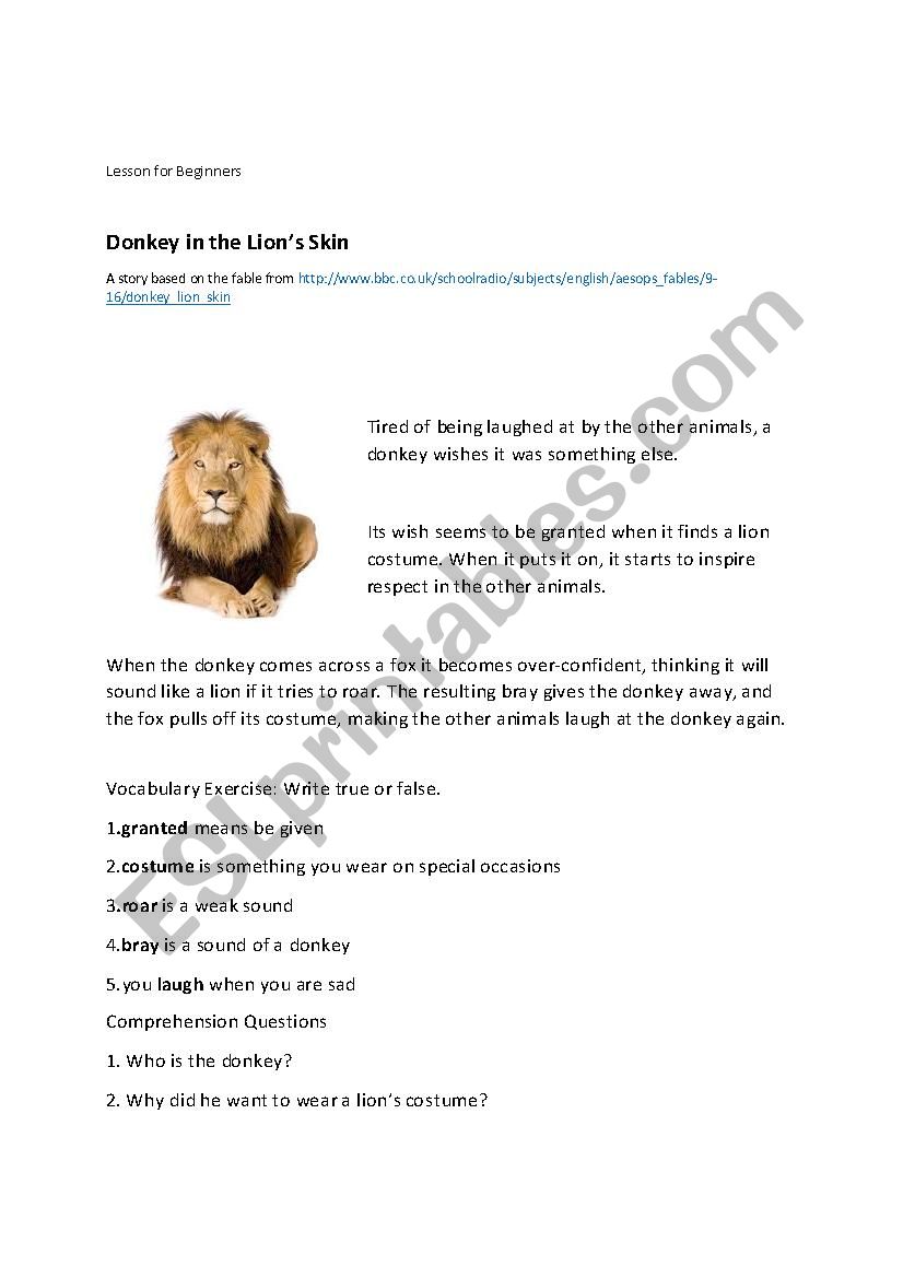 Donkey in Lions Skin worksheet