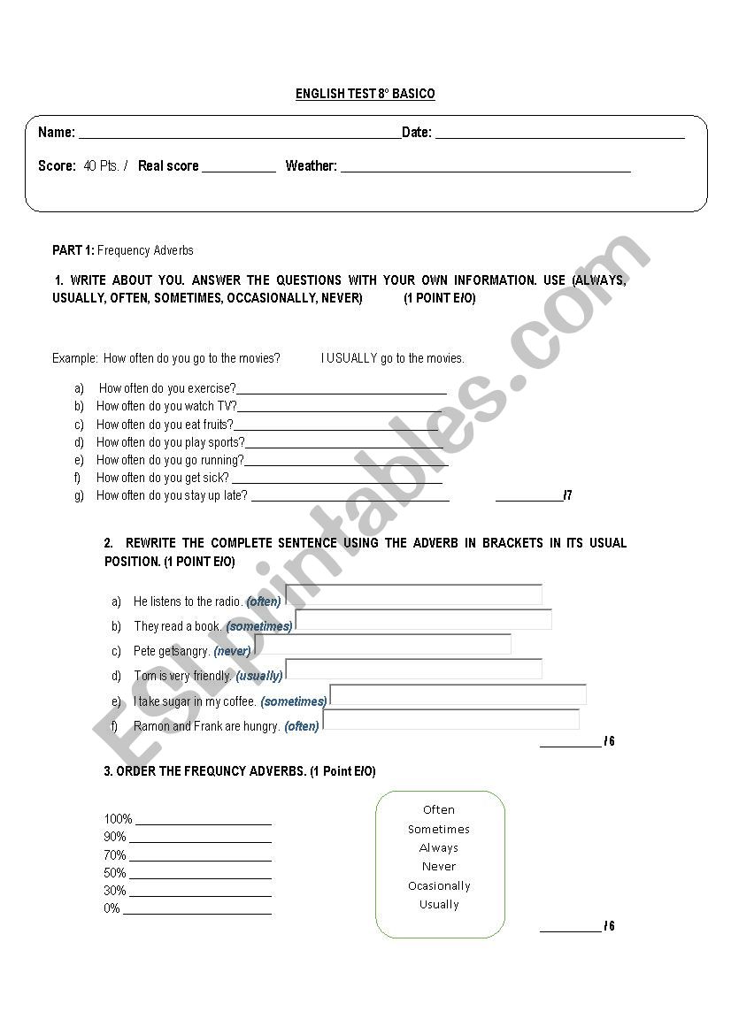 Test about frequency adverbs  worksheet