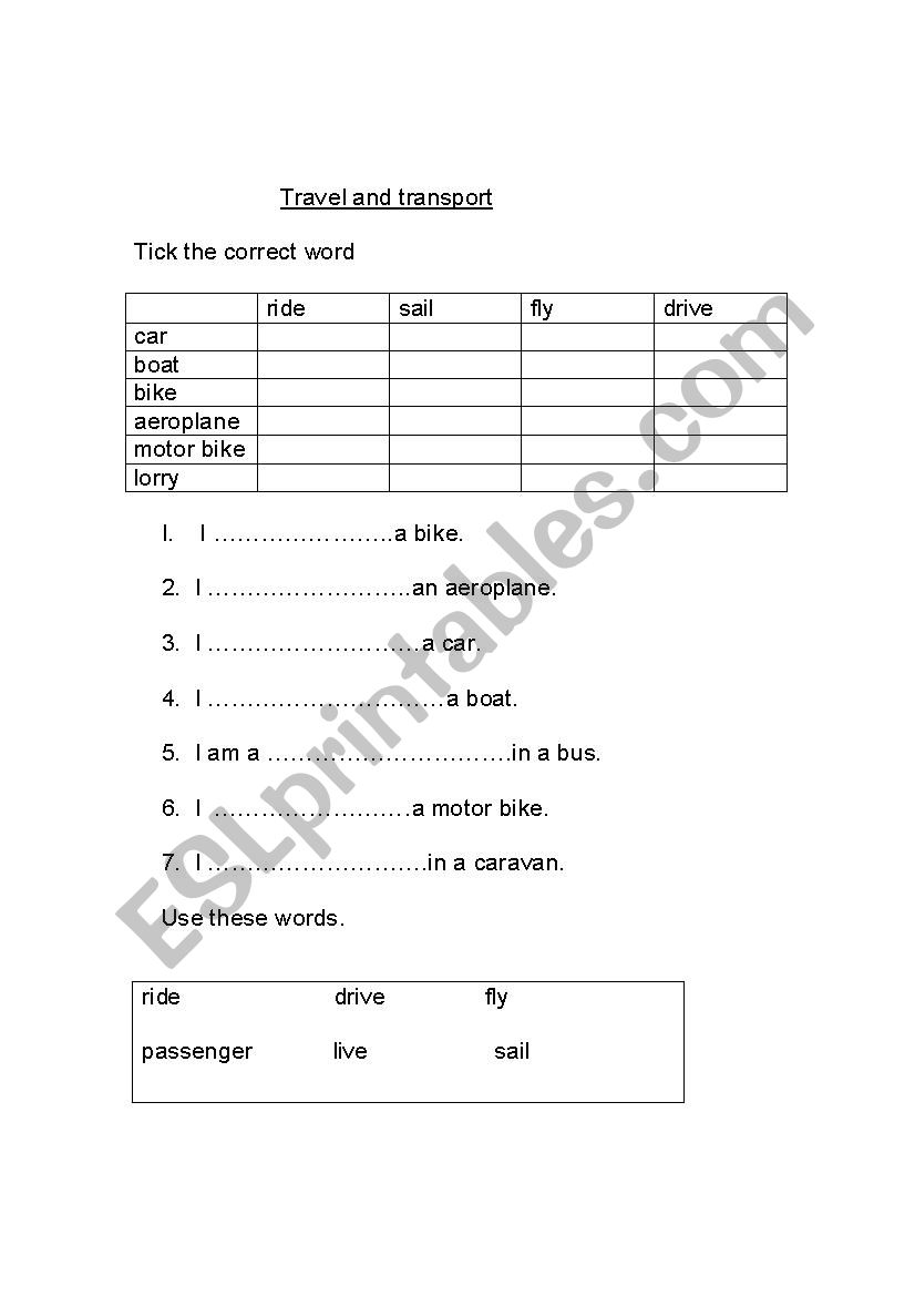 Travel and transport  worksheet