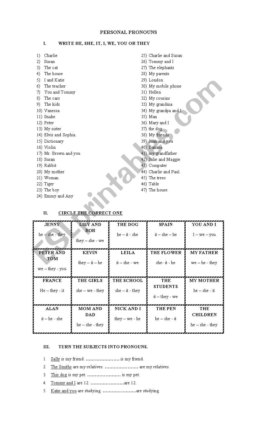 personal pronouns worksheet