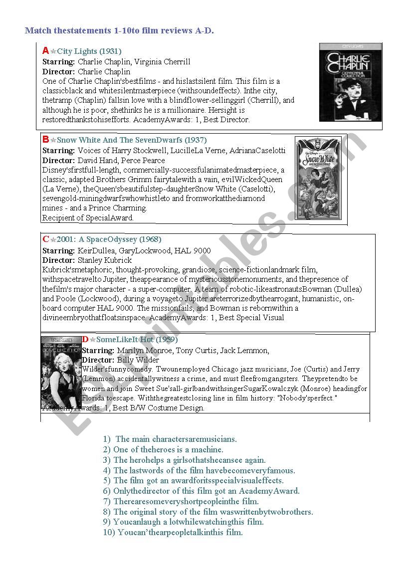 Reading - movie reviews worksheet