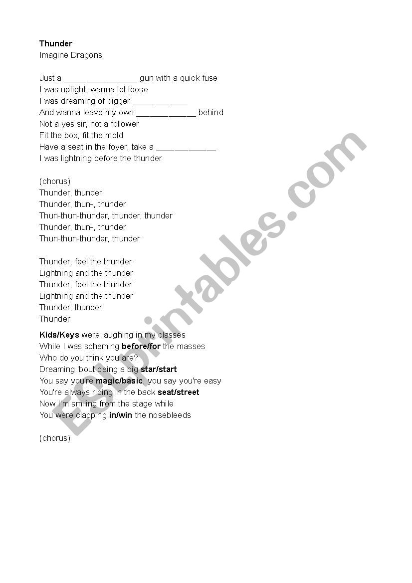 Song Thunder by Imagine Dragons - ESL worksheet by ErikaL