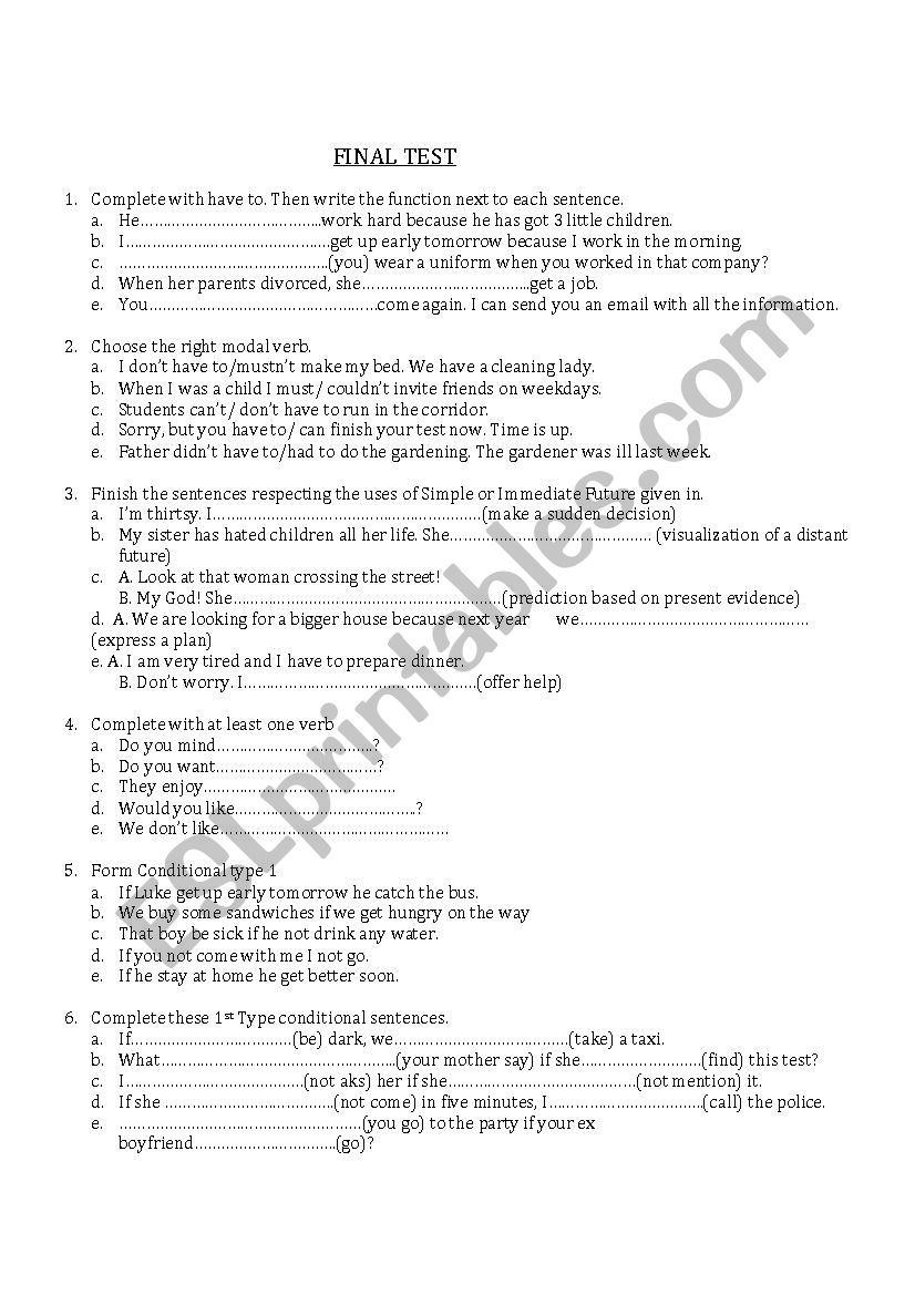 Final Test worksheet