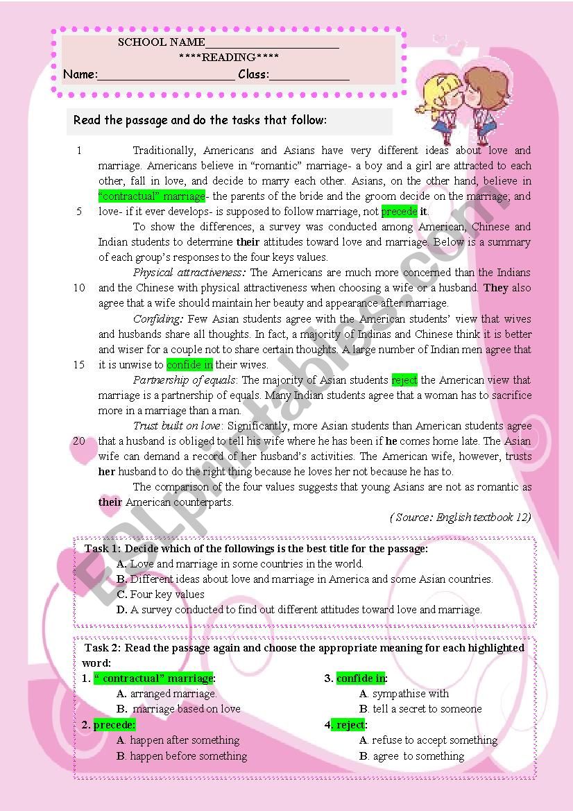 LOVE AND MARRIAGE worksheet