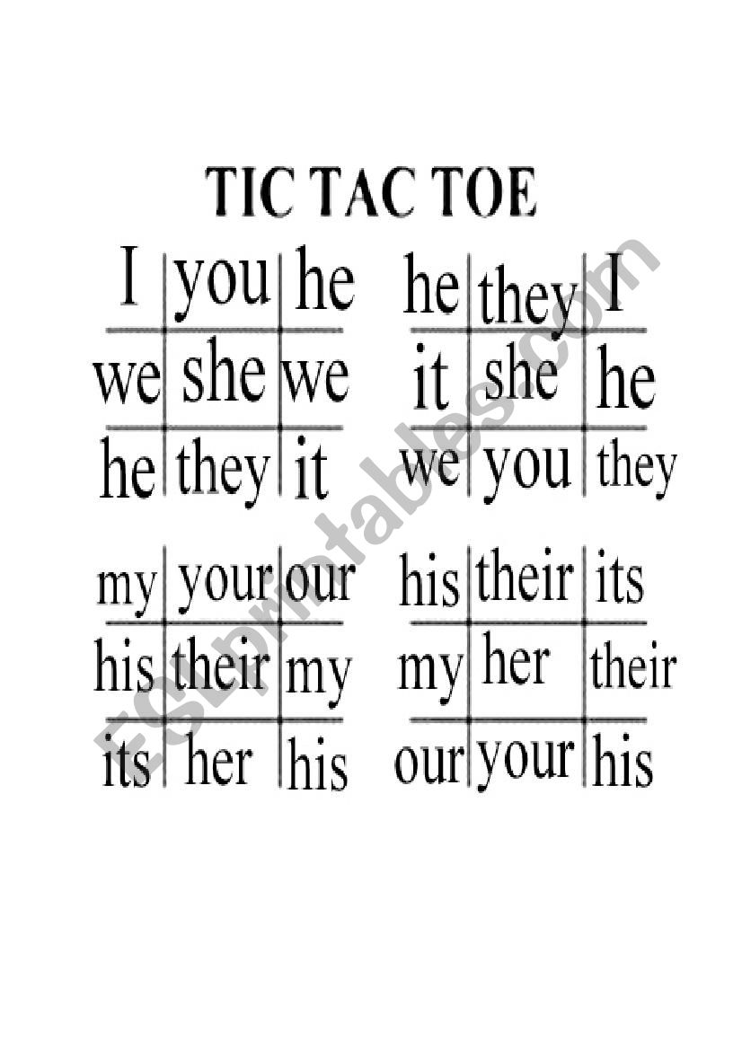 Tic Tac Toe on Personal and Possessive Pronouns