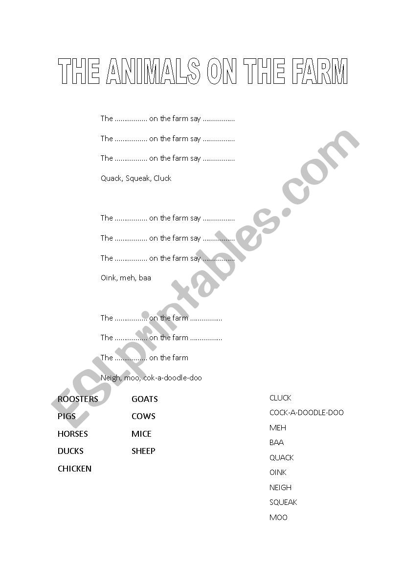 The animals on the farm worksheet