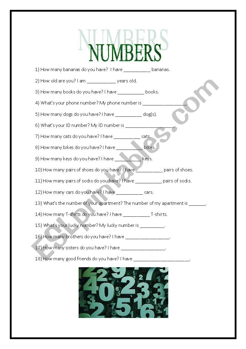 Questions involving numbers worksheet