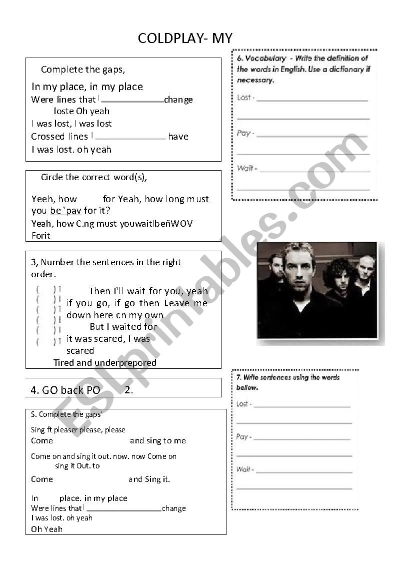 cOLDPLAY SONG WORD GUESSING worksheet