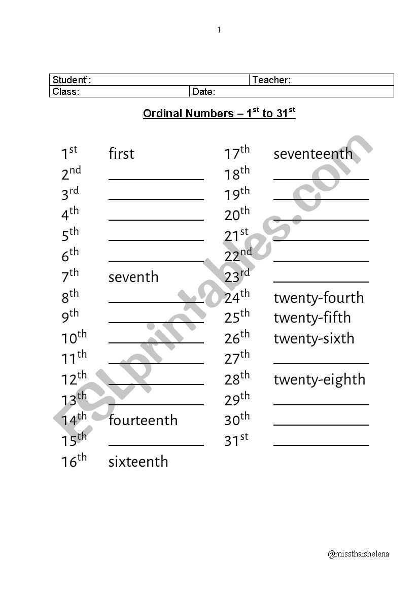 Ordinal Numbers To 31st Worksheet