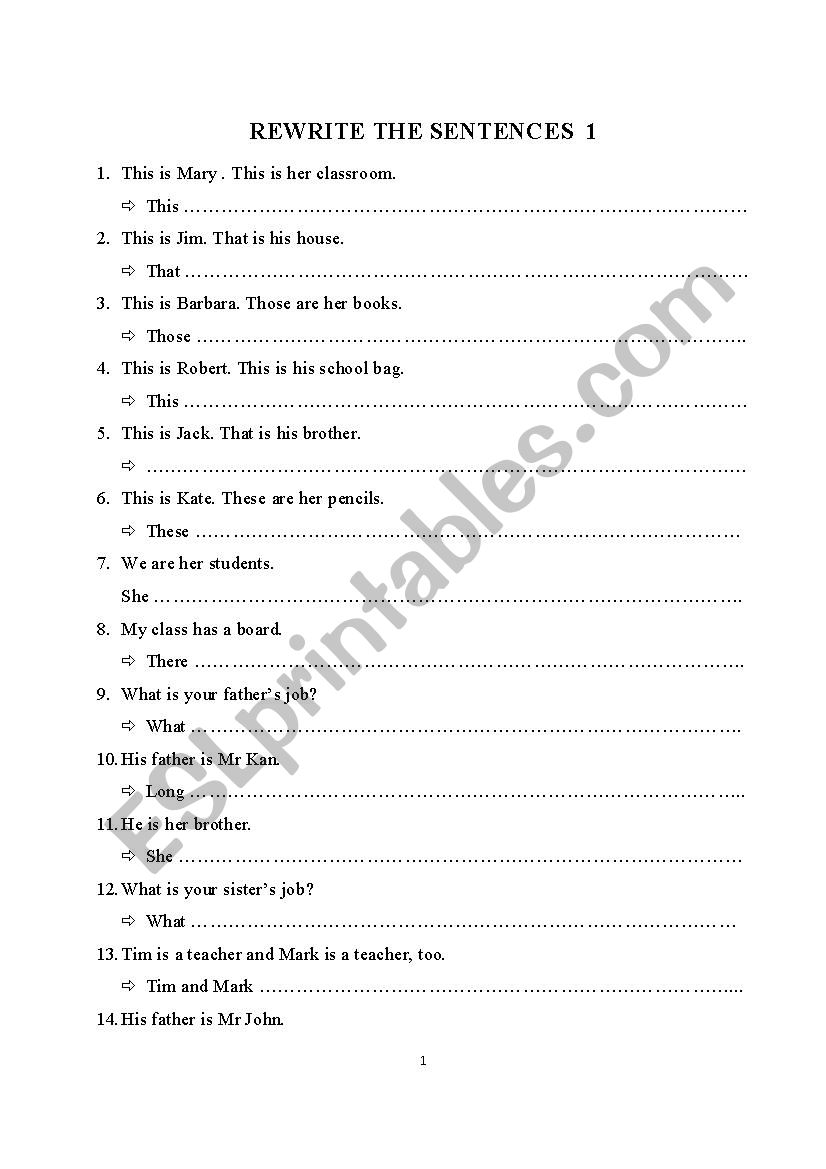 Rewriting the sentences worksheet