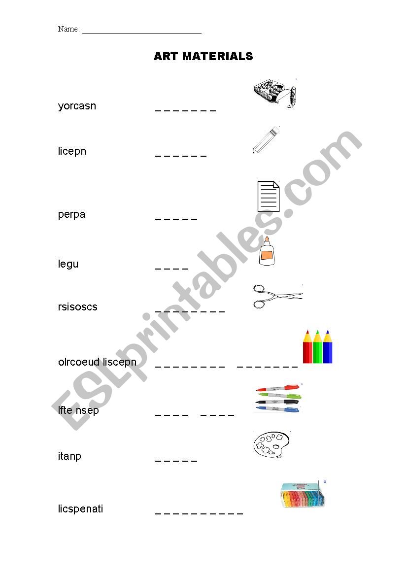 Art Supplies worksheet