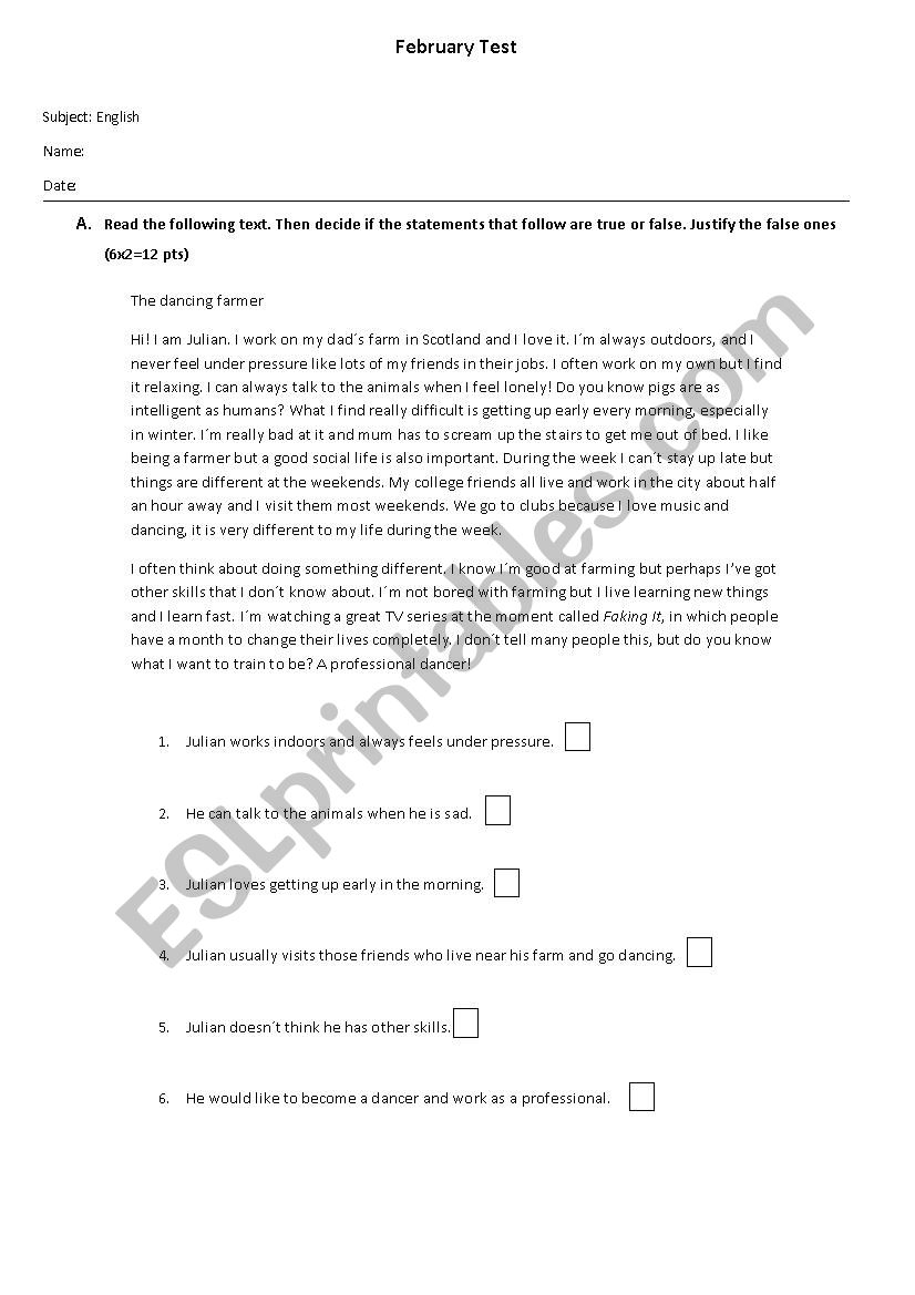 Training for PET worksheet