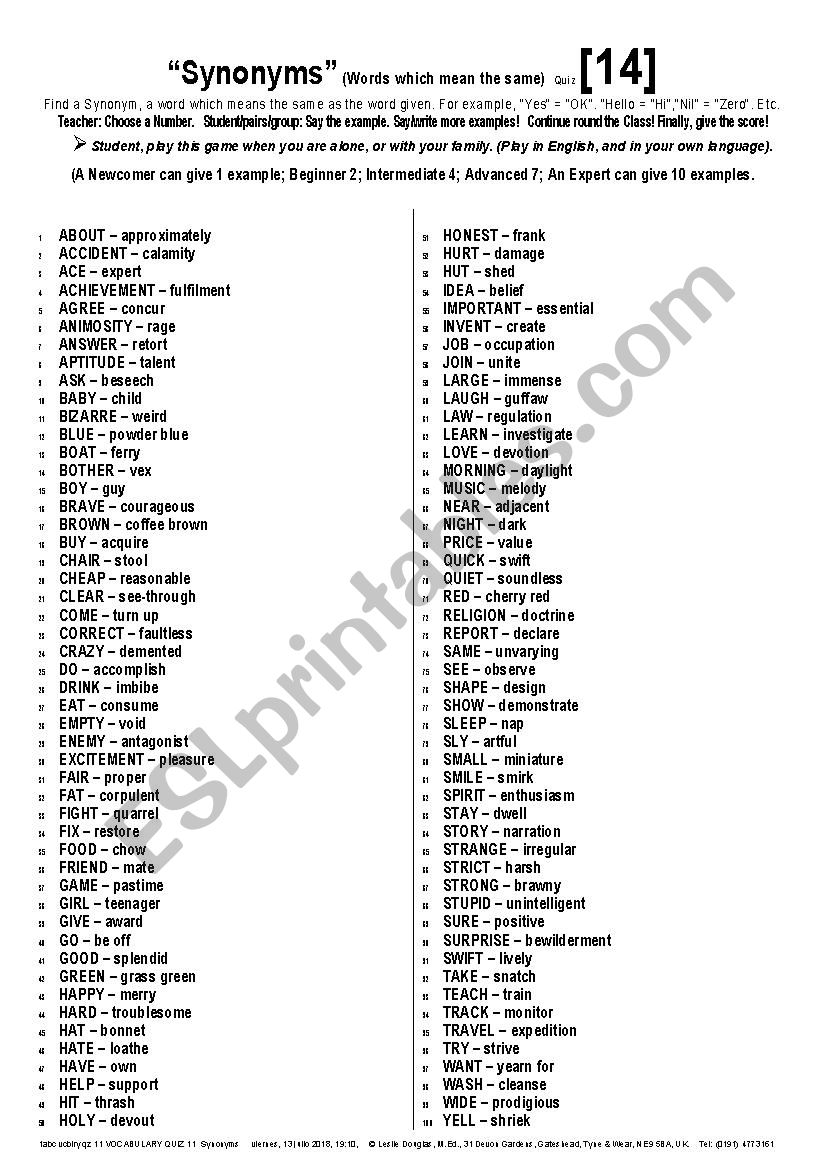 QUIZ GAME 014 Synonyms worksheet