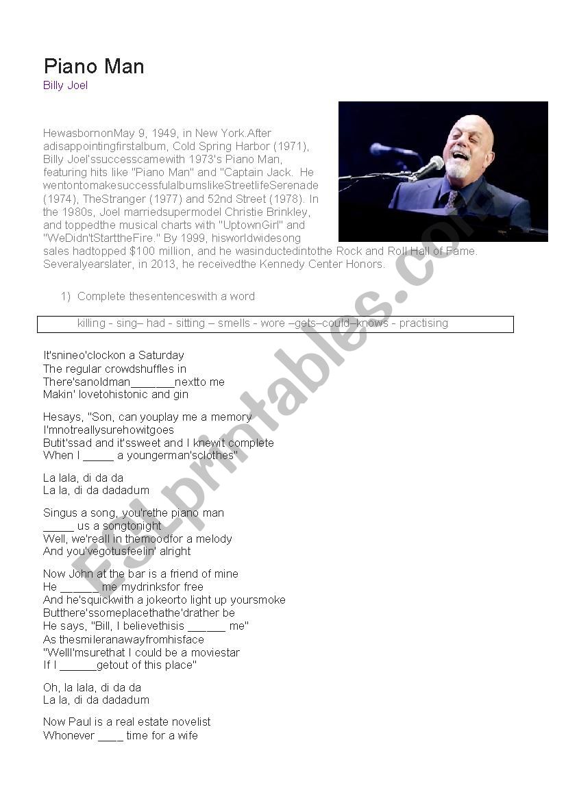 Piano man worksheet