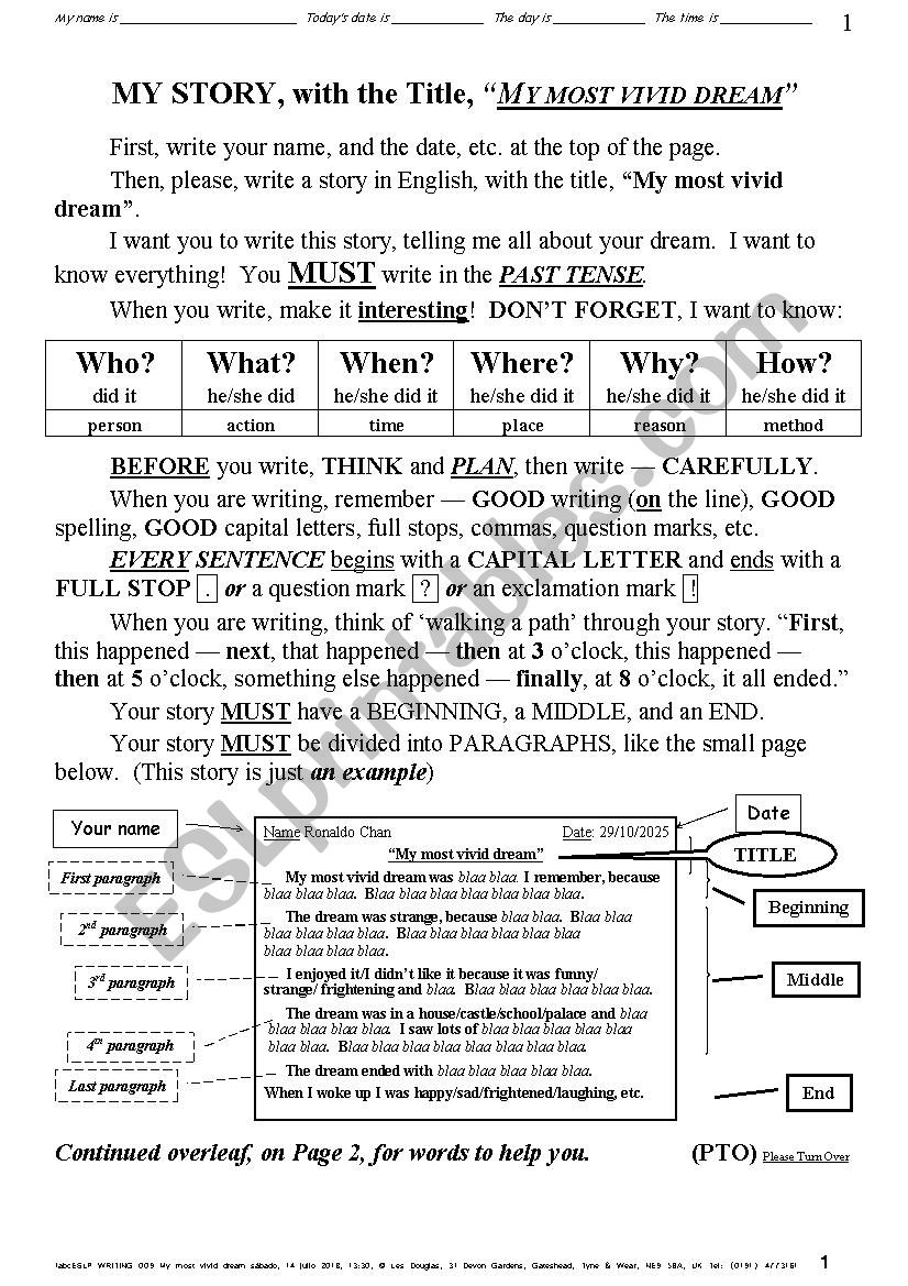 ESSAY 006 My Most Vivid Dream worksheet