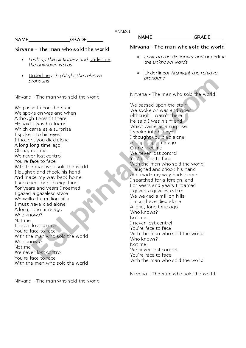 The man who sold the world worksheet
