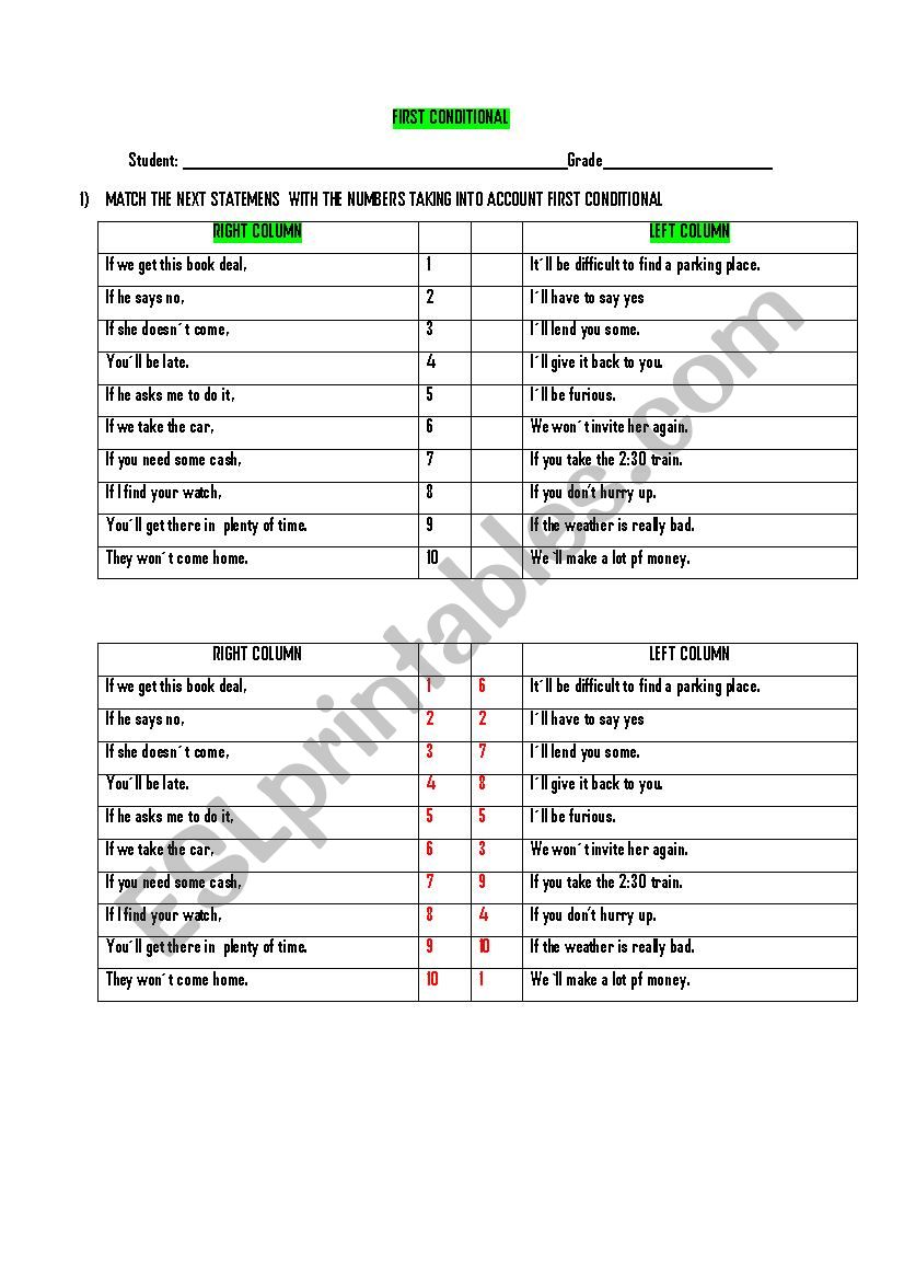 MATCH FIRST CONDITIONAL worksheet