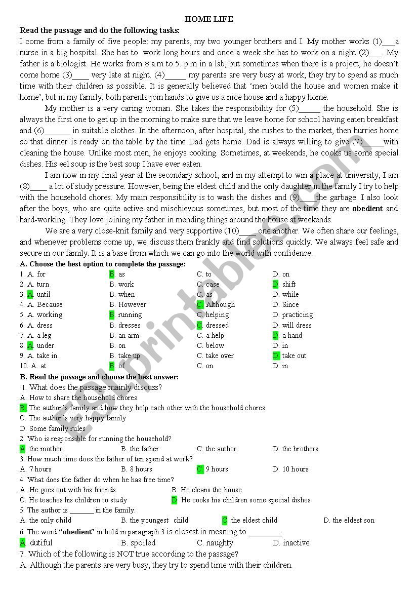 HOME LIFE worksheet