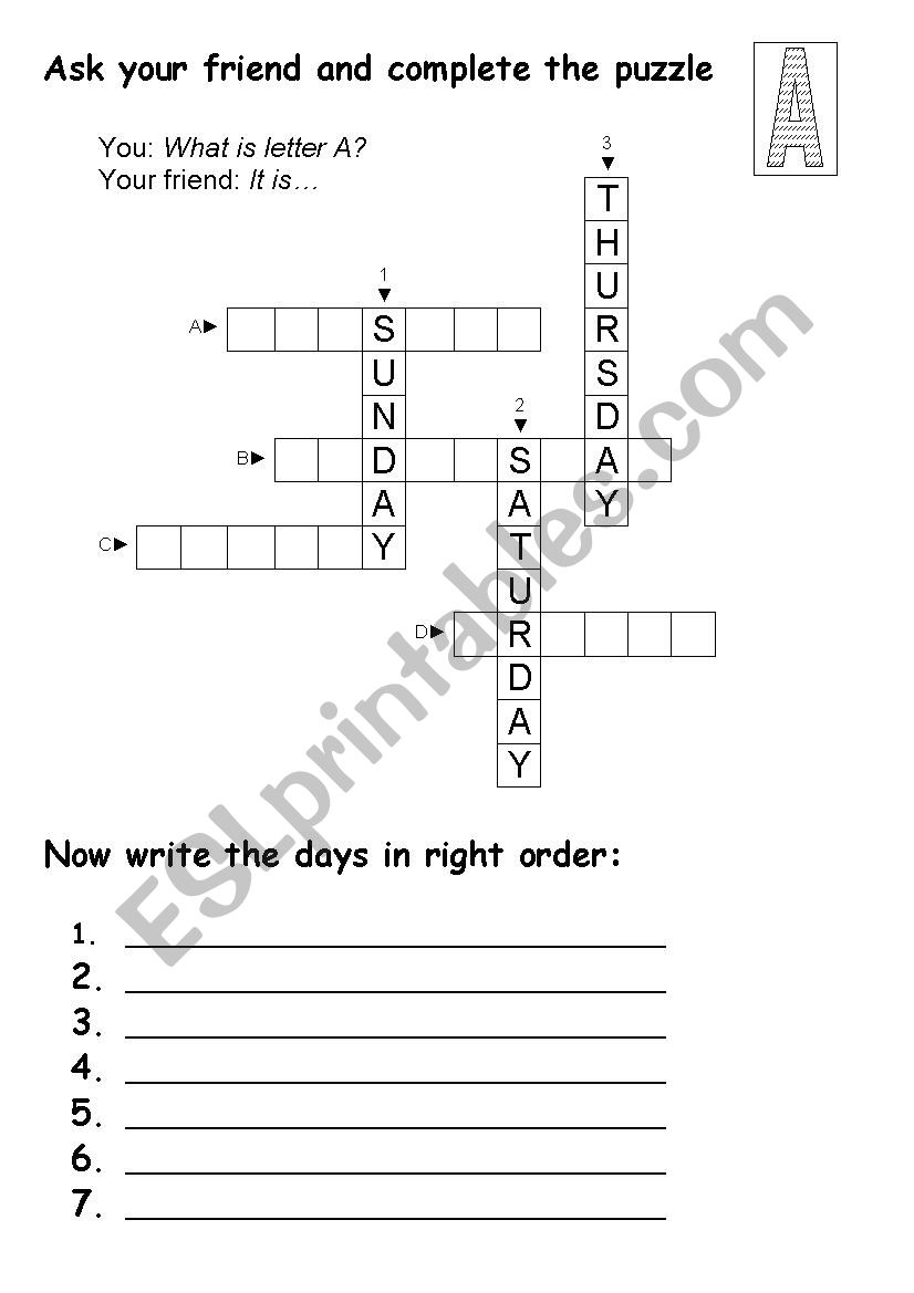 Days of the week - crossword worksheet
