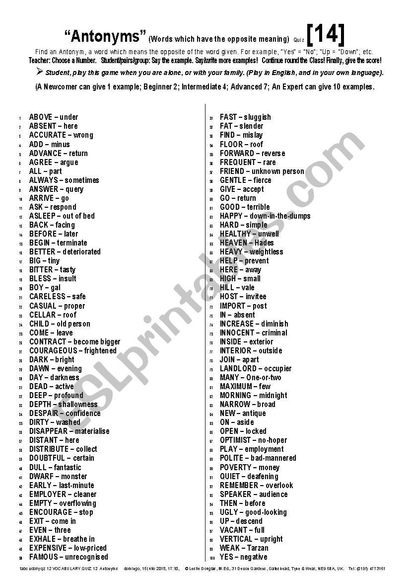 QUIZ GAME 015 Antonyms (Opposites)