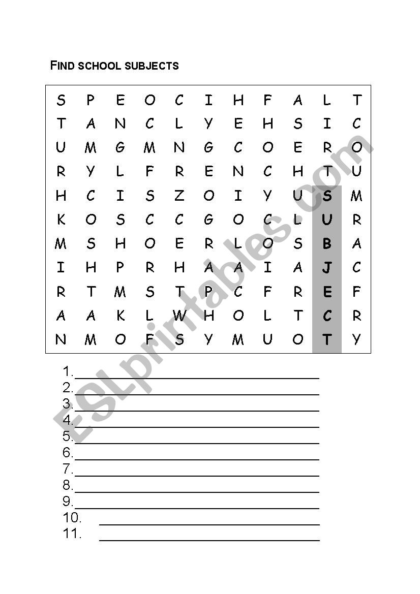 School subjects - word search worksheet