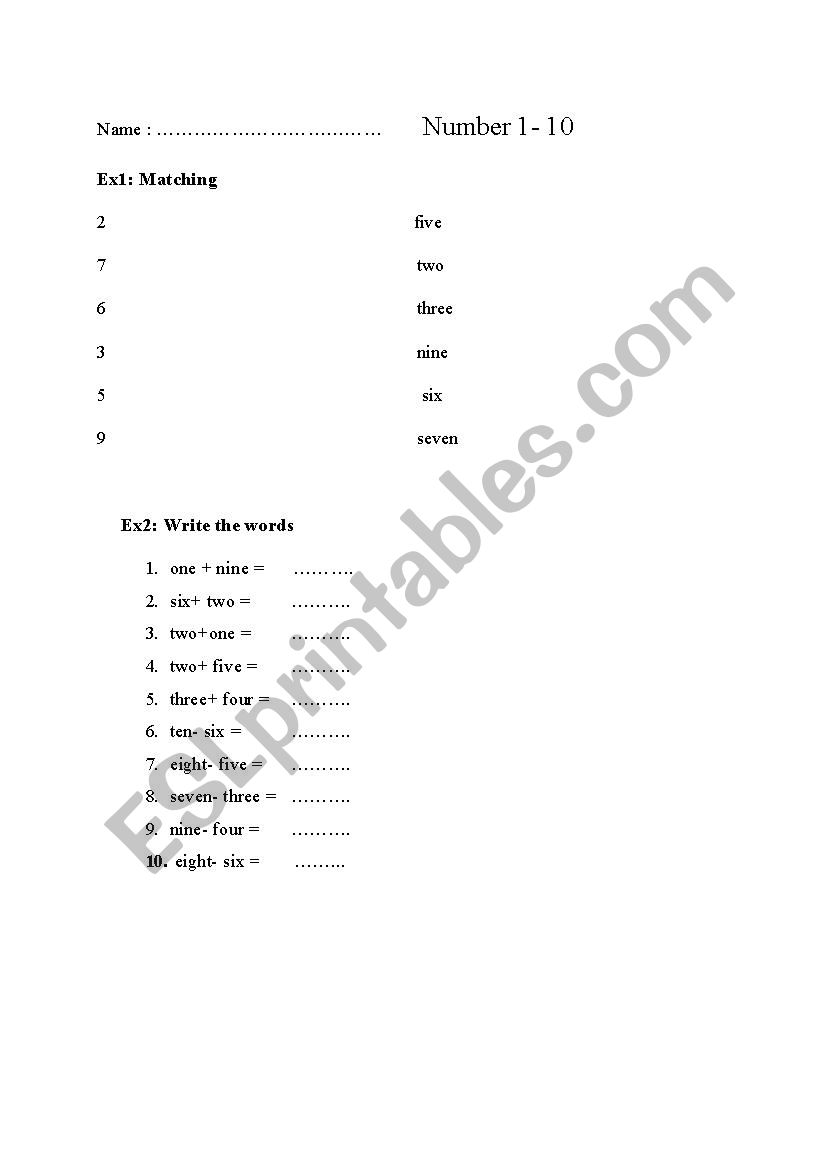 number 1 -10 worksheet