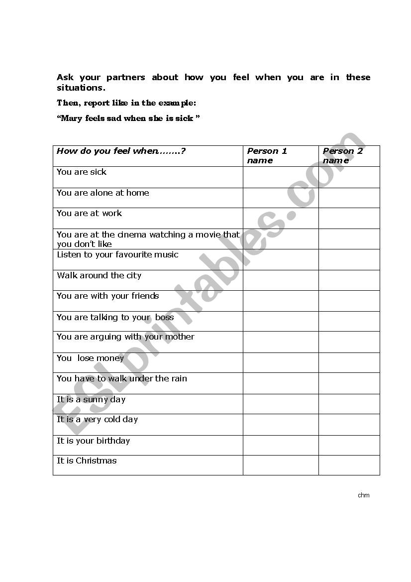 Feelings and Emotions worksheet