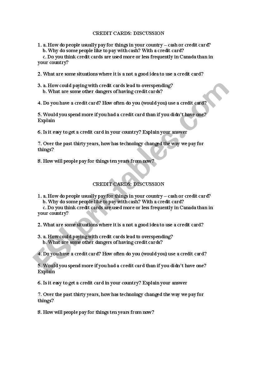 Credit card questions worksheet
