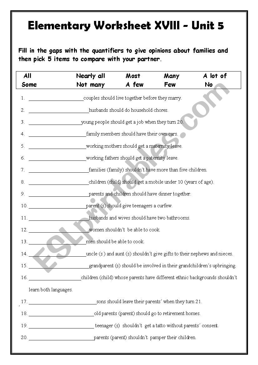 Family and Quantifiers worksheet