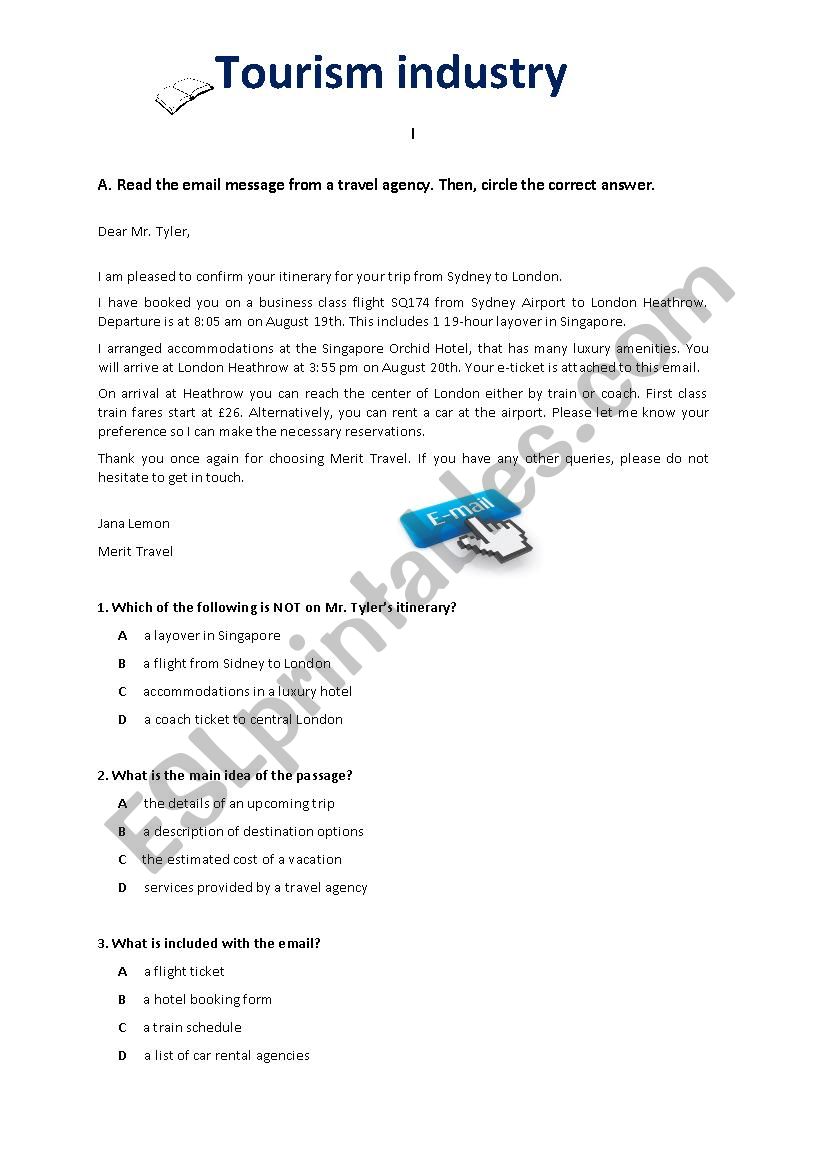 Tourism industry - reading worksheet