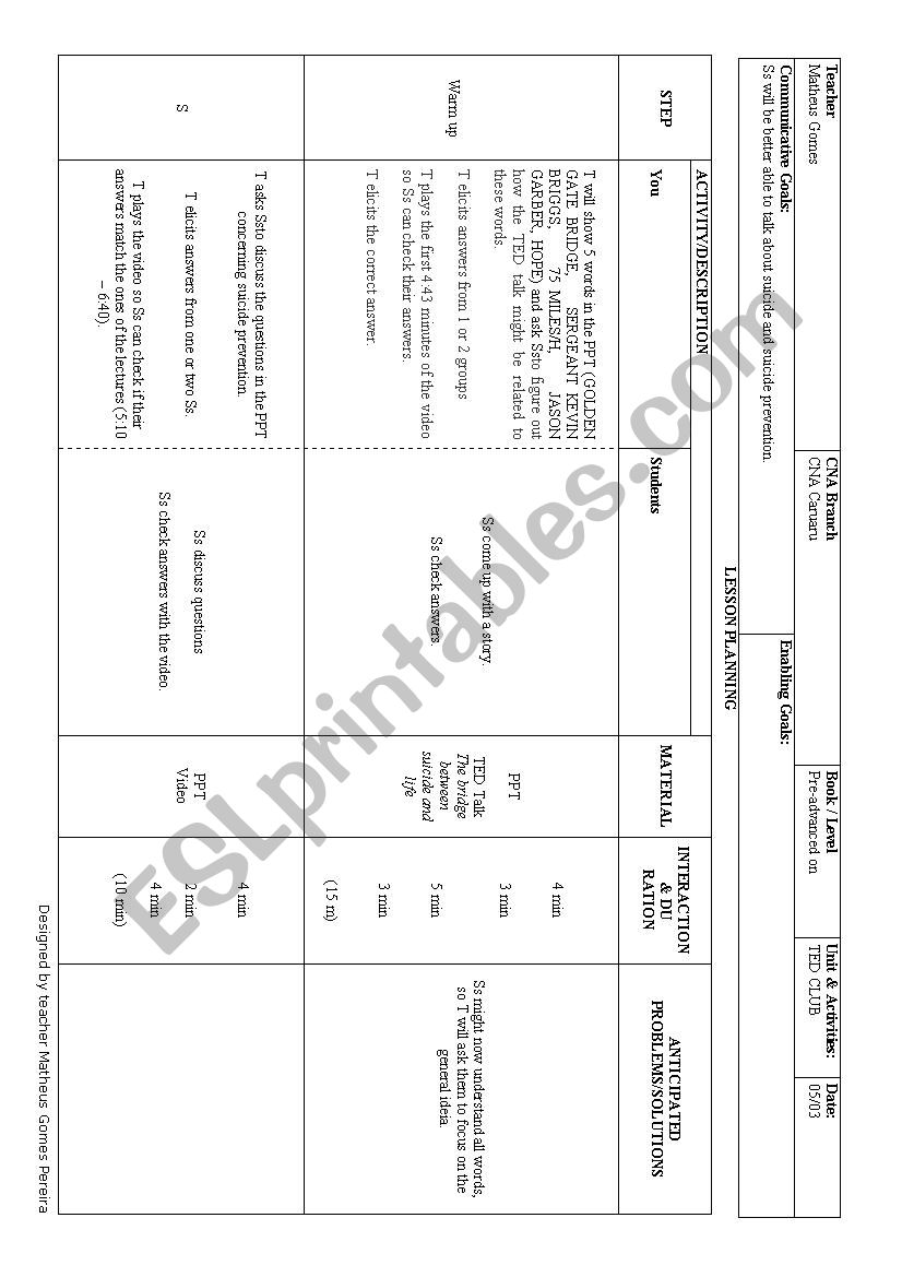 Suicide - Ted lesson worksheet