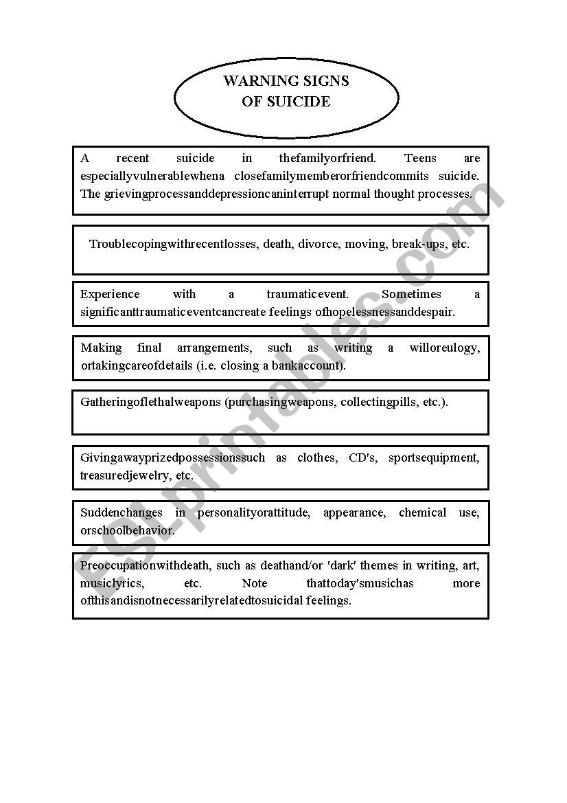 Suicide - Slips of paper worksheet