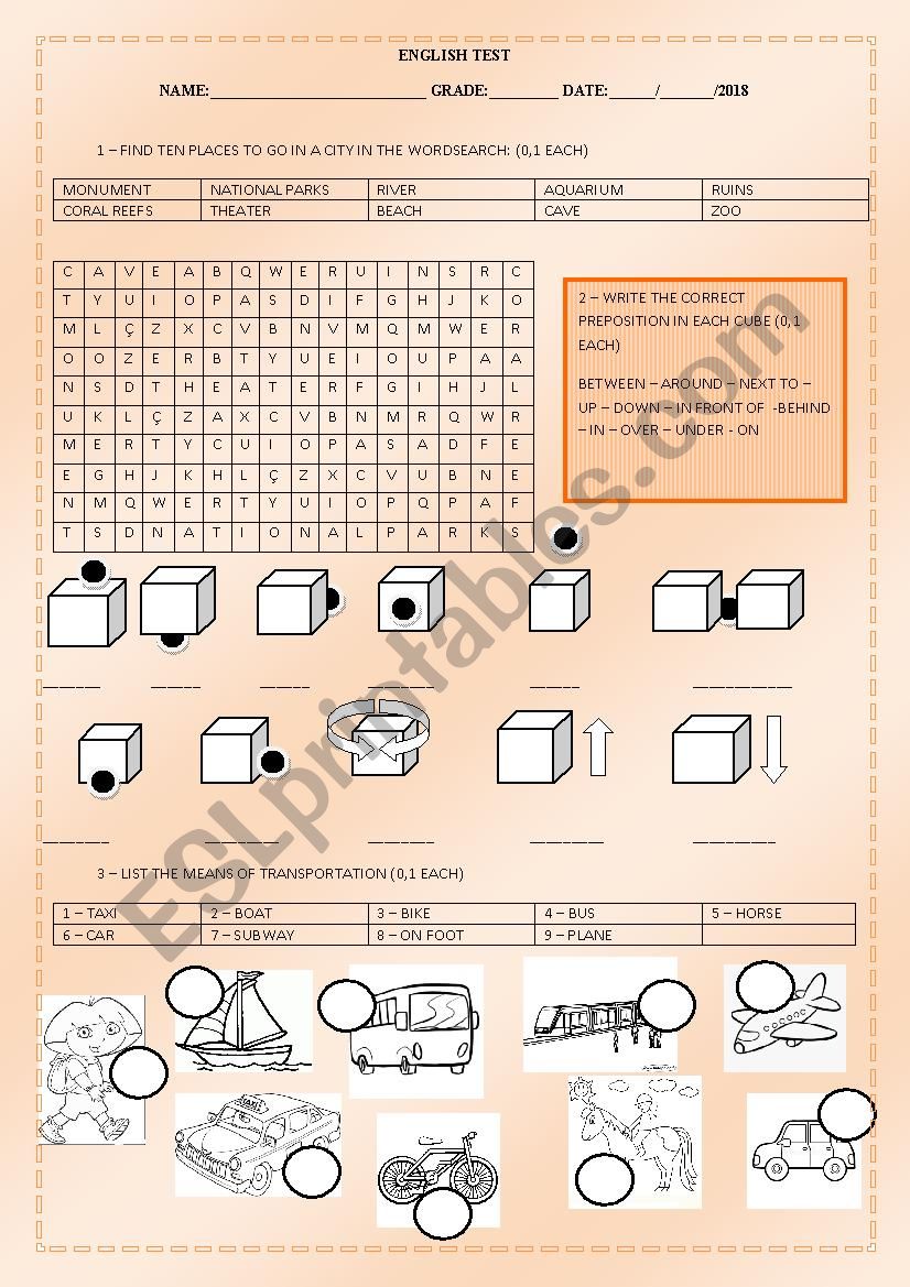 English test about prepositions, places and means of transportantion