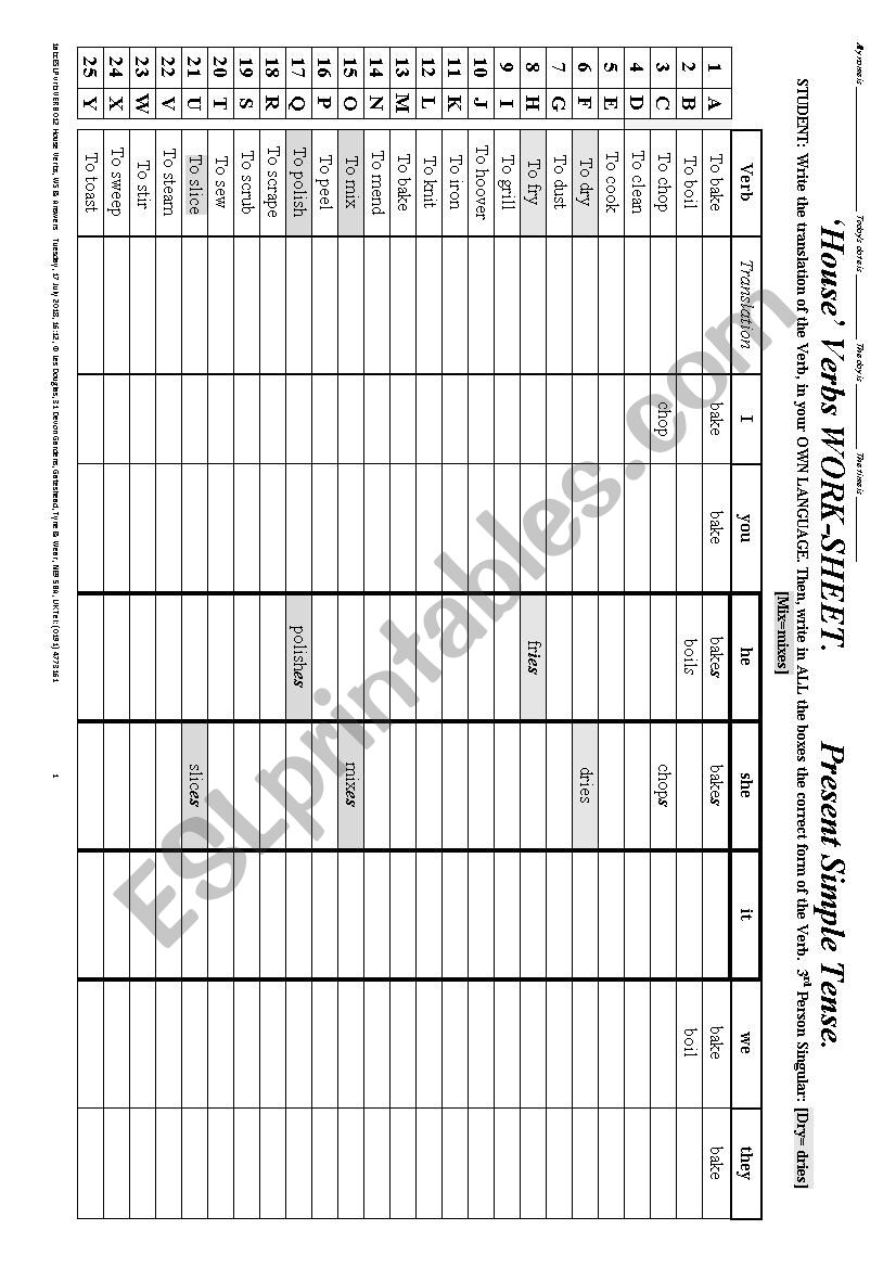 VERB 012 A list of 26 Verbs, of HOUSE-WORK