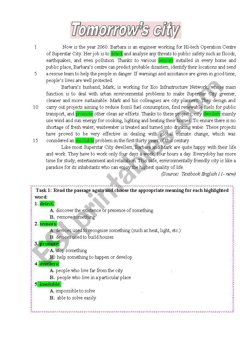 Reading: Tomorrows city worksheet