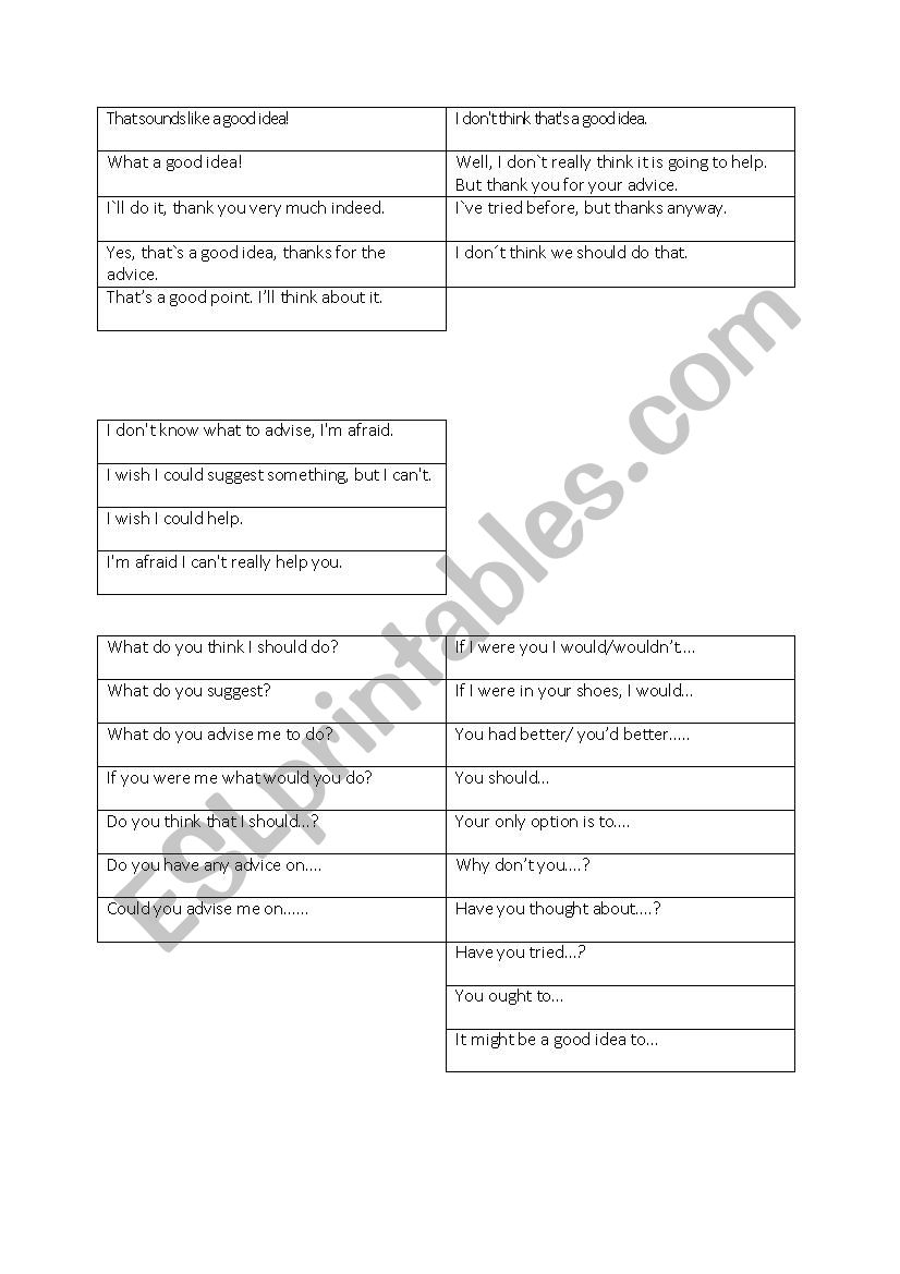 Asking for advice worksheet