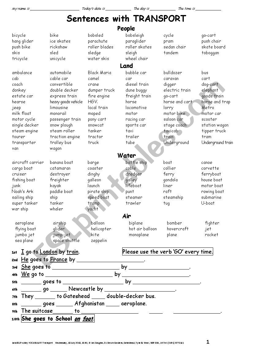 VOCABULARY 009 Transport worksheet