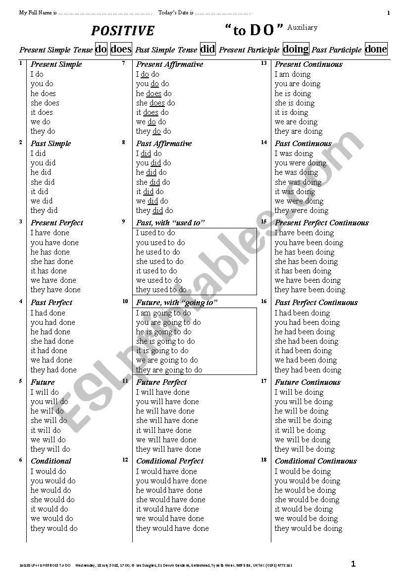 VERB 013 To DO, 18 Tenses worksheet