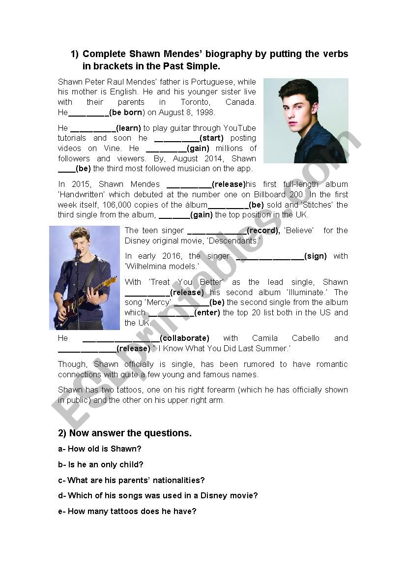 Shawn Mendes Reading Comprehension + Past Simple