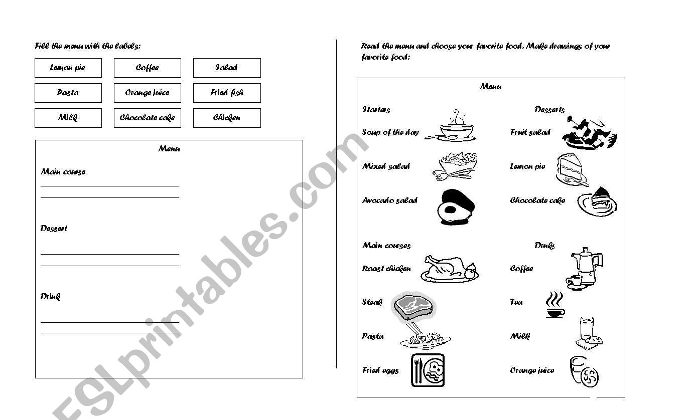 Menu worksheet