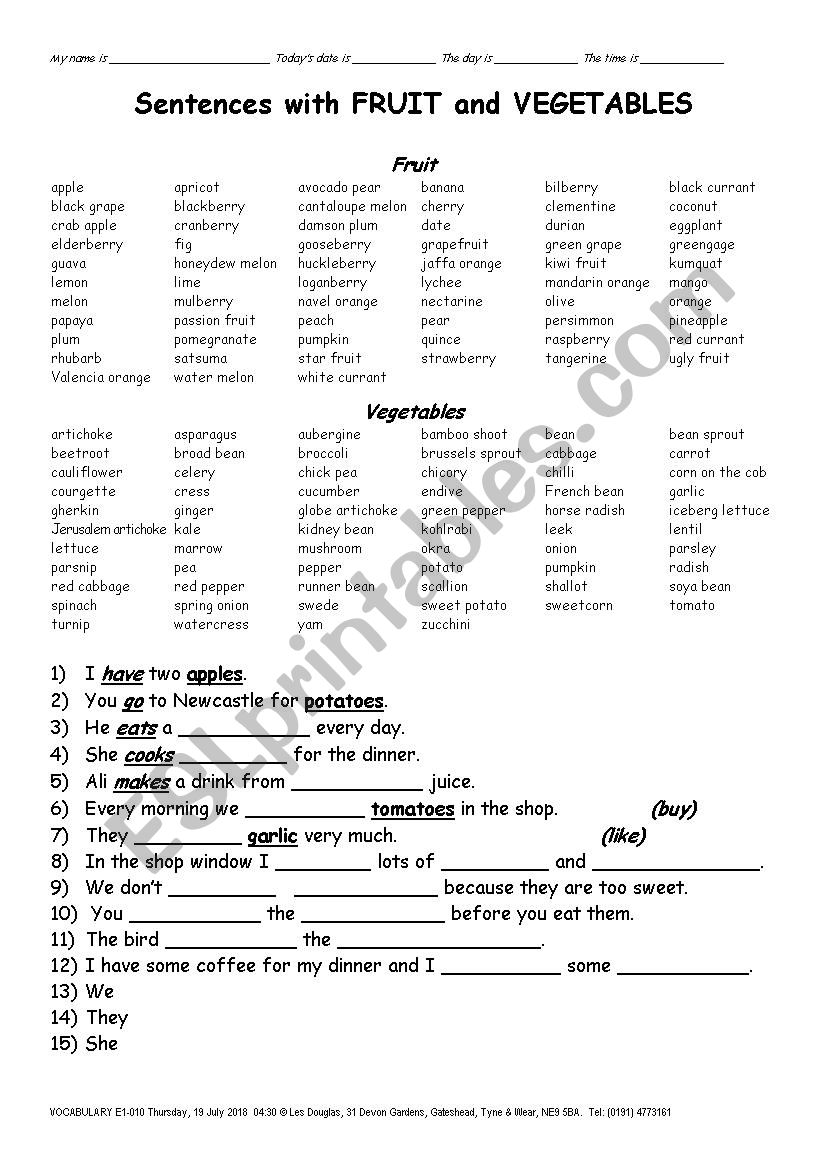 VOCABULARY 010 Fruit & Vegetables