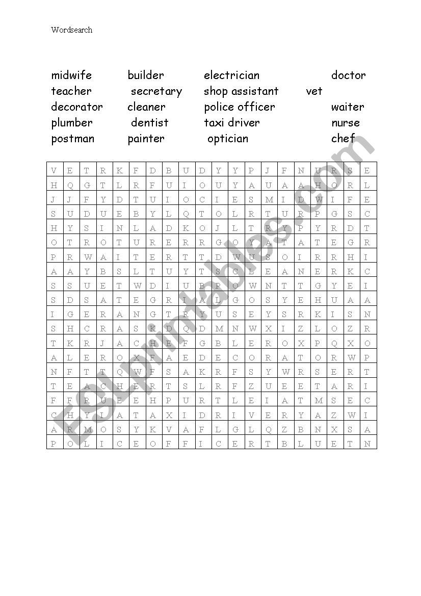 Jobs:wordsearch with answers worksheet