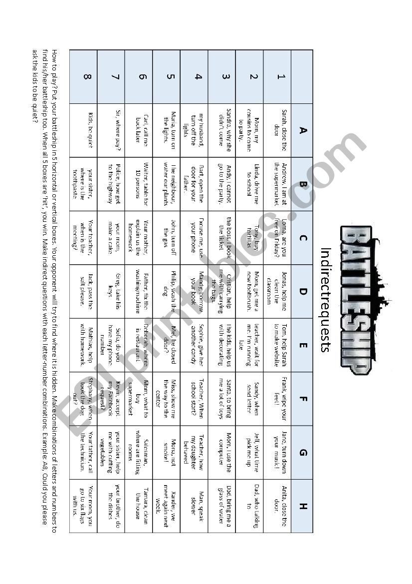 Battleship indirect requests worksheet