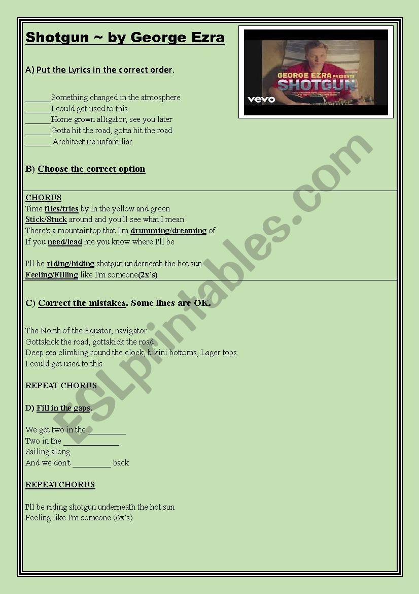 Shotgun - by George Ezra worksheet