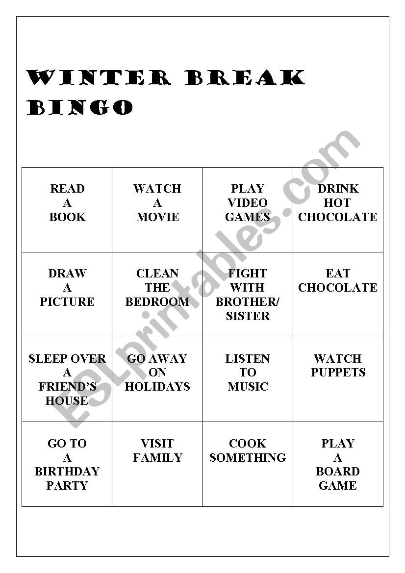 Winter Break Bingo worksheet