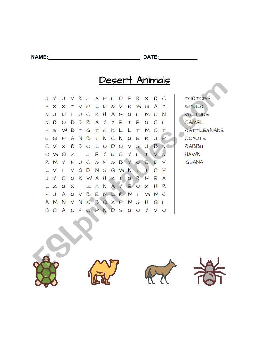 Desert Animals Word Search worksheet