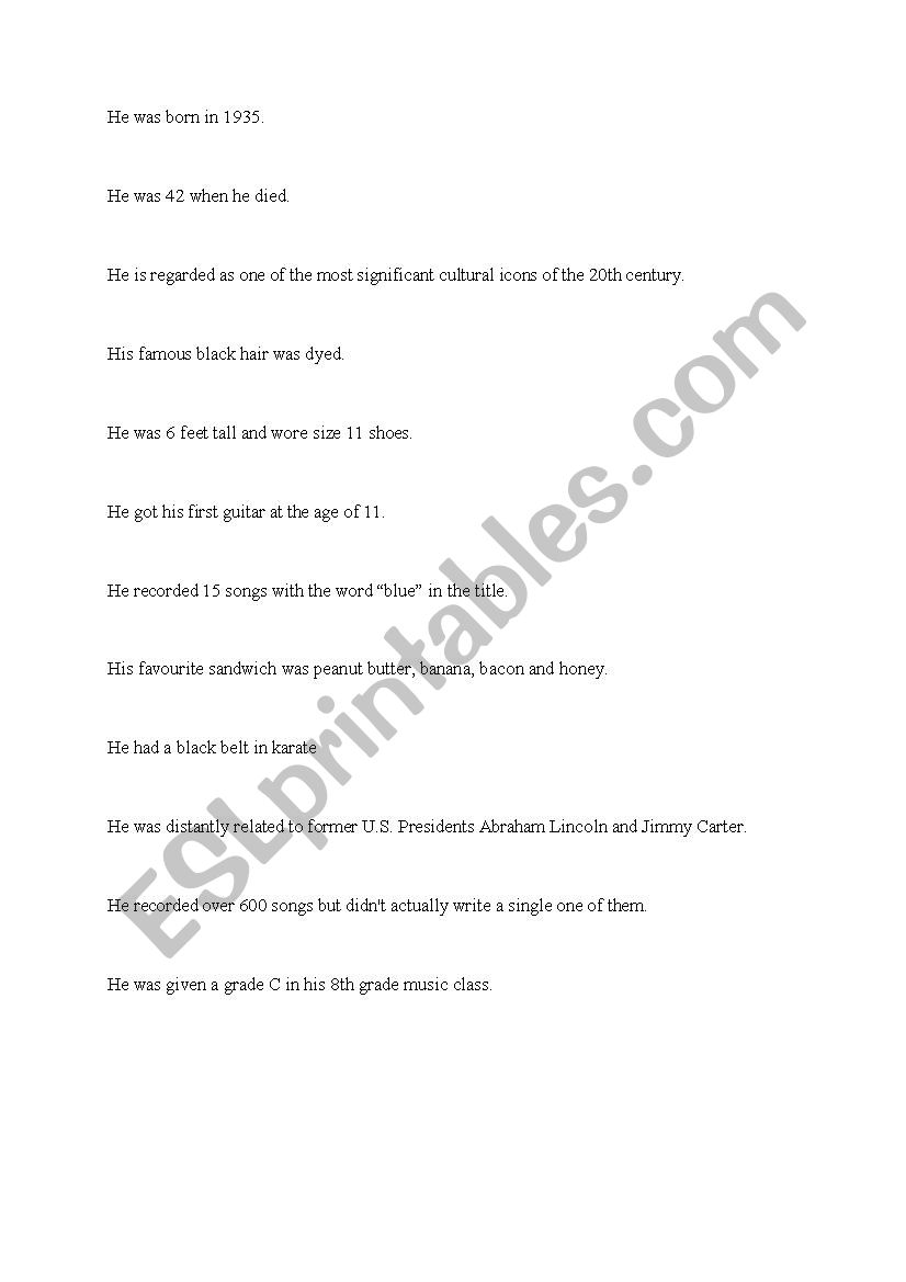 Elvis Presley facts worksheet