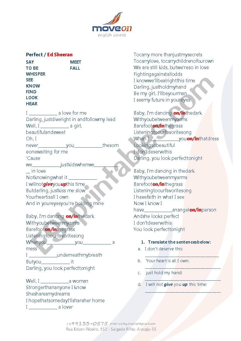 Ed Sheeran Perfect worksheet