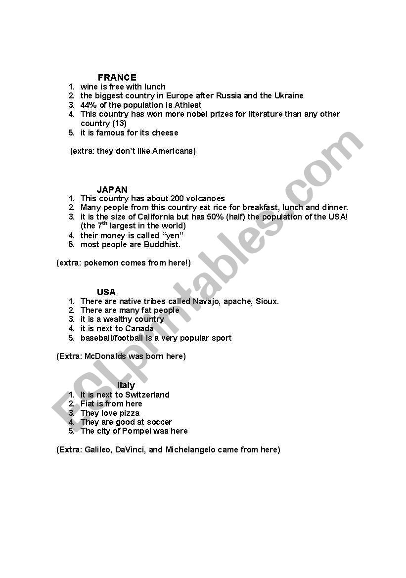 Courtries Profile Game worksheet